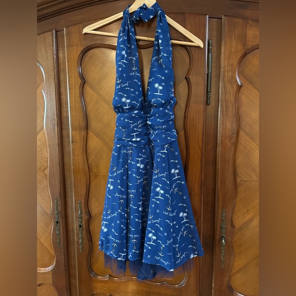 Hell Bunny Blue Halter for and flare  Dress with a pin up girl flair size small - Picture 3 of 10